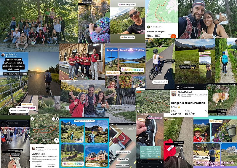 Collage von Menschen, die Fahrrad fahren, zu Fuß gehen oder draußen posieren, kombiniert mit Screenshots von Fitness-Apps und Social-Media-Beiträgen, die Karten, Strecken, Entfernungen und Hashtags zu Mobilität und Bewegung zeigen.
