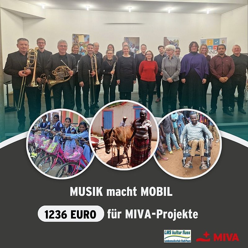 Eine Gruppe von Musikern posiert gemeinsam in einem Raum. Darunter zeigen drei kreisförmige Bilder Menschen mit Fahrrädern, eine Frau mit einer Kuh und einen Mann in einem Rollstuhl. 