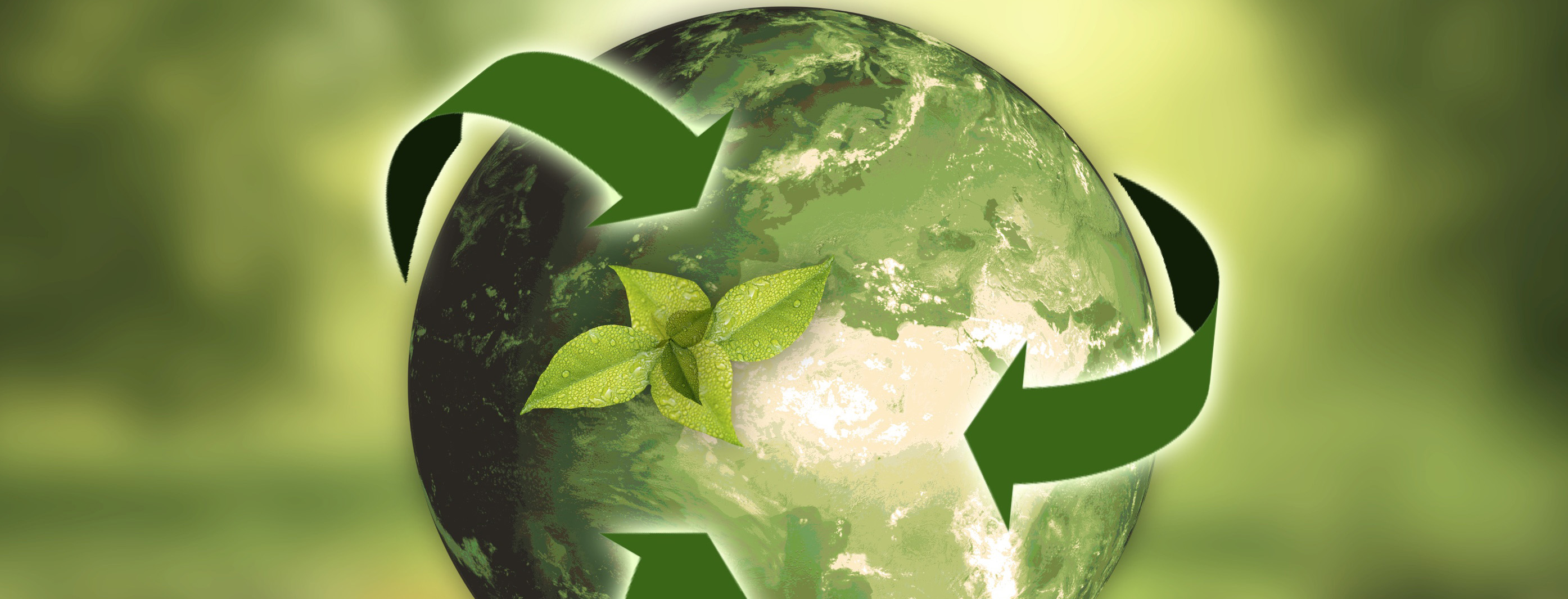 Eine grün getönte Erde mit drei grünen Pfeilen, die ein Recyclingsymbol bilden, und drei grünen Blättern in der Mitte, die für „Unterstützung umweltfreundlicher Mobilität und Nachhaltigkeit, besonders in den ärmsten Regionen“ stehen.