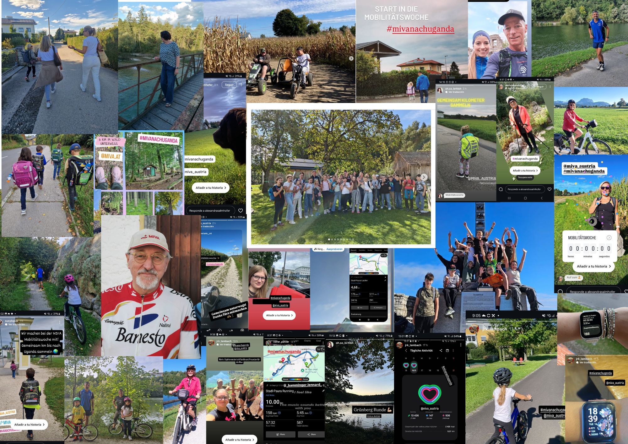 Collage von Menschen, die Fahrrad fahren, zu Fuß gehen oder draußen posieren, kombiniert mit Screenshots von Fitness-Apps und Social-Media-Beiträgen, die Karten, Strecken, Entfernungen und Hashtags zu Mobilität und Bewegung zeigen.