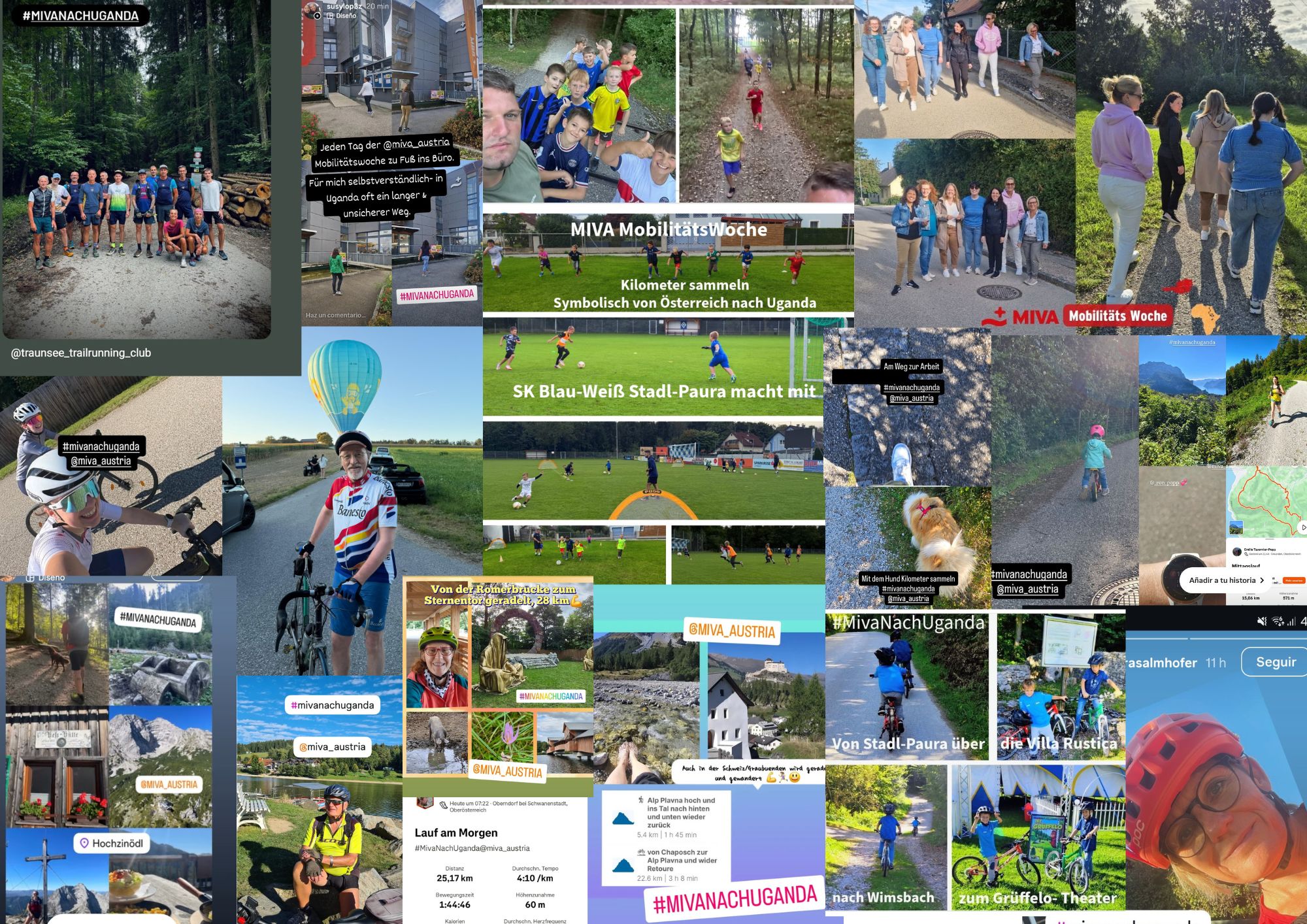 Collage von Menschen, die Fahrrad fahren, zu Fuß gehen oder draußen posieren, kombiniert mit Screenshots von Fitness-Apps und Social-Media-Beiträgen, die Karten, Strecken, Entfernungen und Hashtags zu Mobilität und Bewegung zeigen.