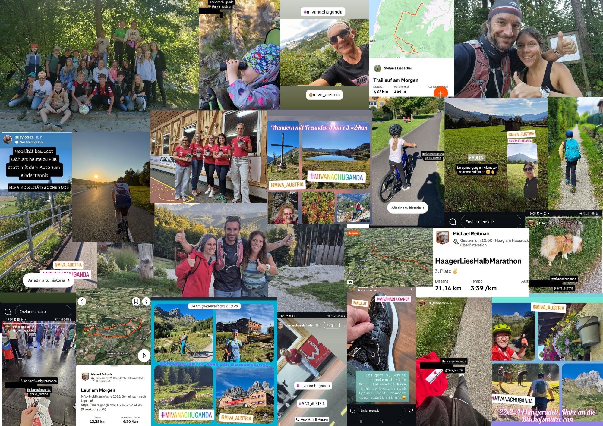 Collage von Menschen, die Fahrrad fahren, zu Fuß gehen oder draußen posieren, kombiniert mit Screenshots von Fitness-Apps und Social-Media-Beiträgen, die Karten, Strecken, Entfernungen und Hashtags zu Mobilität und Bewegung zeigen.