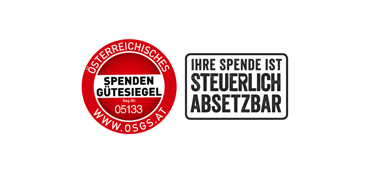 Ein rundes rot-weißes Siegel mit dem Text „Österreichisches Spendengütesiegel“ und der Website www.osgs.at erscheint neben dem schwarzen Text „Ihre Spende ist steuerlich absetzbar“.