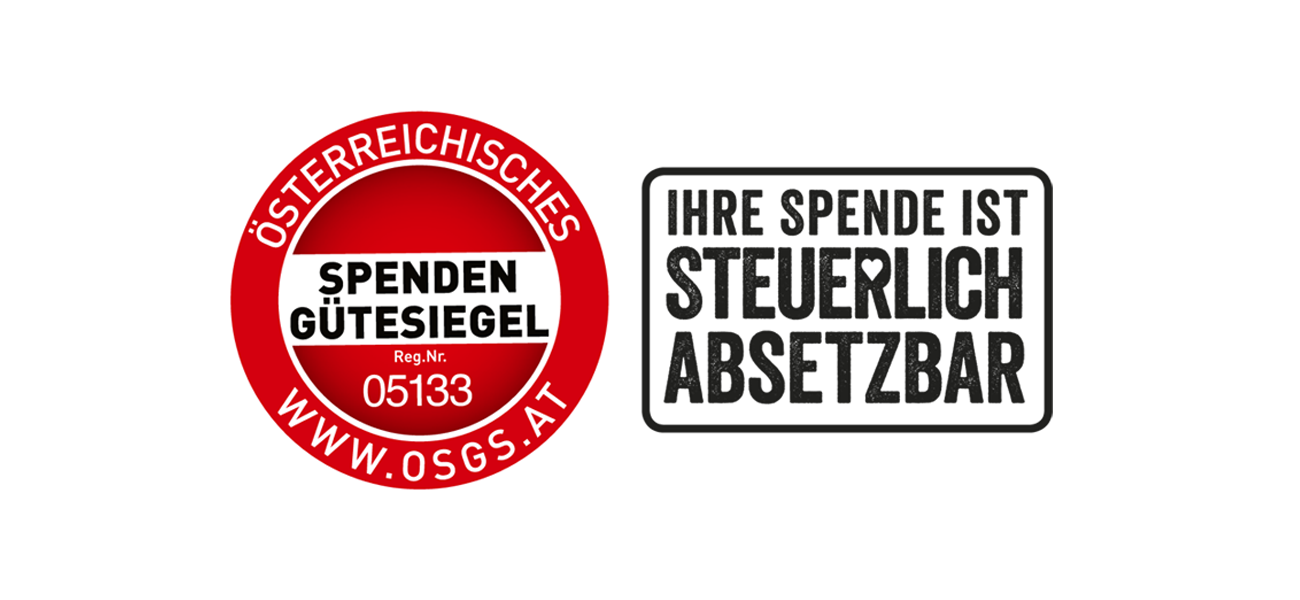 Ein rundes rot-weißes Siegel mit dem Text „Österreichisches Spendengütesiegel“ und der Website www.osgs.at erscheint neben dem schwarzen Text „Ihre Spende ist steuerlich absetzbar“.